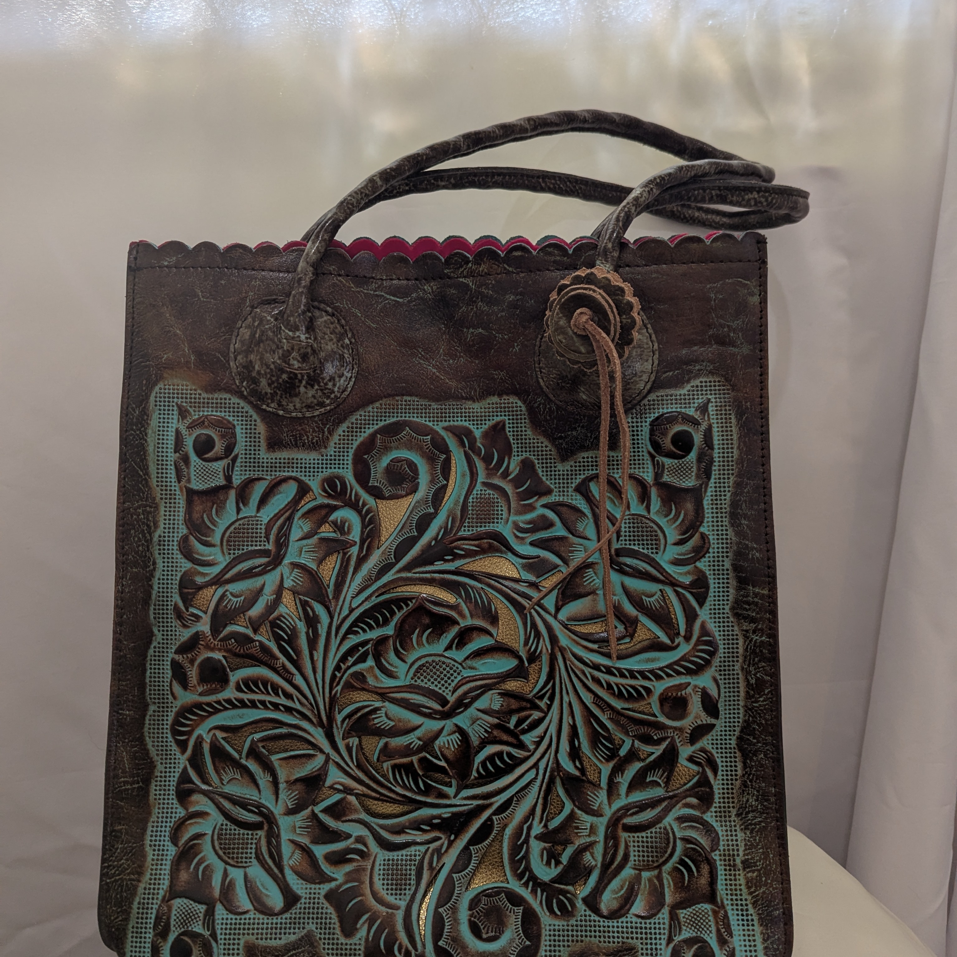 Nwot Patricia Nash Cavo Tooled Turquoise And Brown Floral Tote Bag
